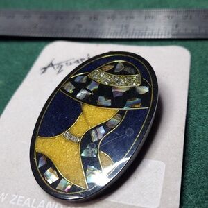 Pin Aquarius lady in hat Art deco New Zealand Paua Shell 2 3/4 in